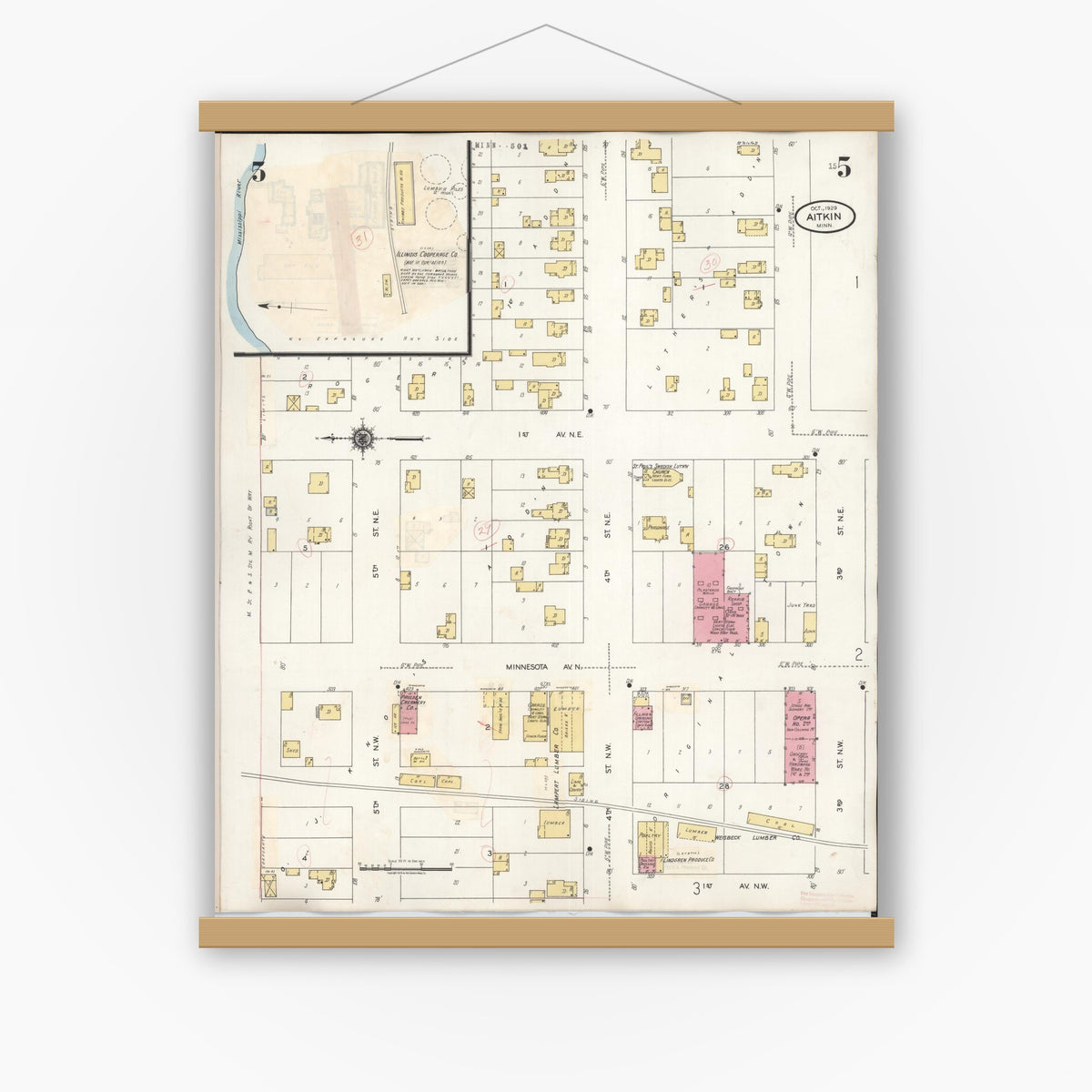 Old map wall art mockup — magnetic wood frame on white wall — Sanborn Fire Insurance Map from Aitkin, Aitkin County, Minnesota (1936), Sheet #0005