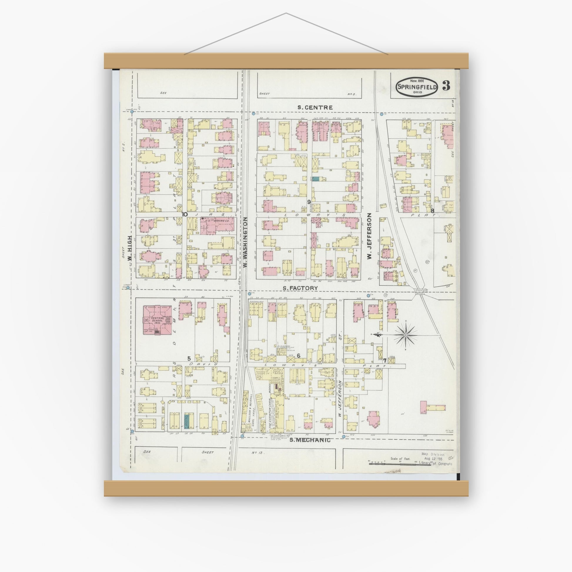 Old map wall art mockup — magnetic wood frame on white wall — Sanborn Fire Insurance Map from Springfield, Clark County, Ohio (1891), Sheet #0003