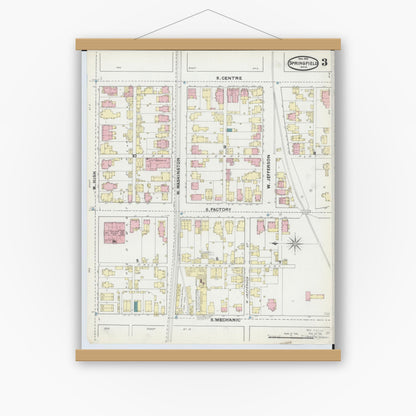Old map wall art mockup — magnetic wood frame on white wall — Sanborn Fire Insurance Map from Springfield, Clark County, Ohio (1891), Sheet #0003
