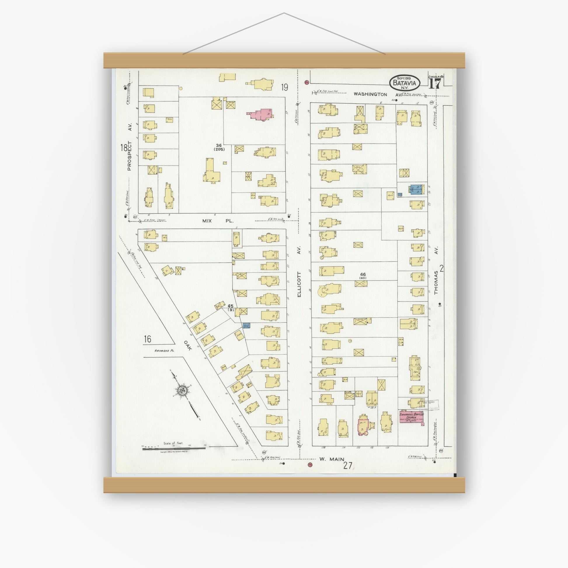 Old map wall art mockup — magnetic wood frame on white wall — Sanborn Fire Insurance Map from Batavia, Genesee County, New York (1919), Sheet #0017