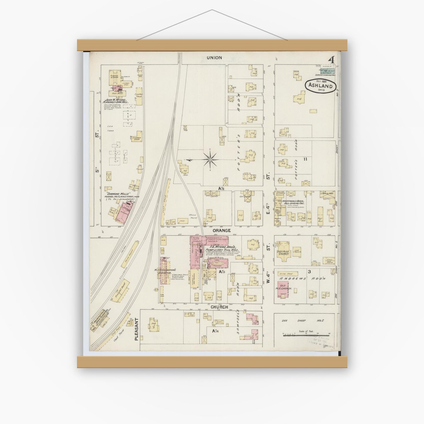 Old map wall art mockup — magnetic wood frame on white wall — Sanborn Fire Insurance Map from Ashland, Ashland County, Ohio (1888), Sheet #0004