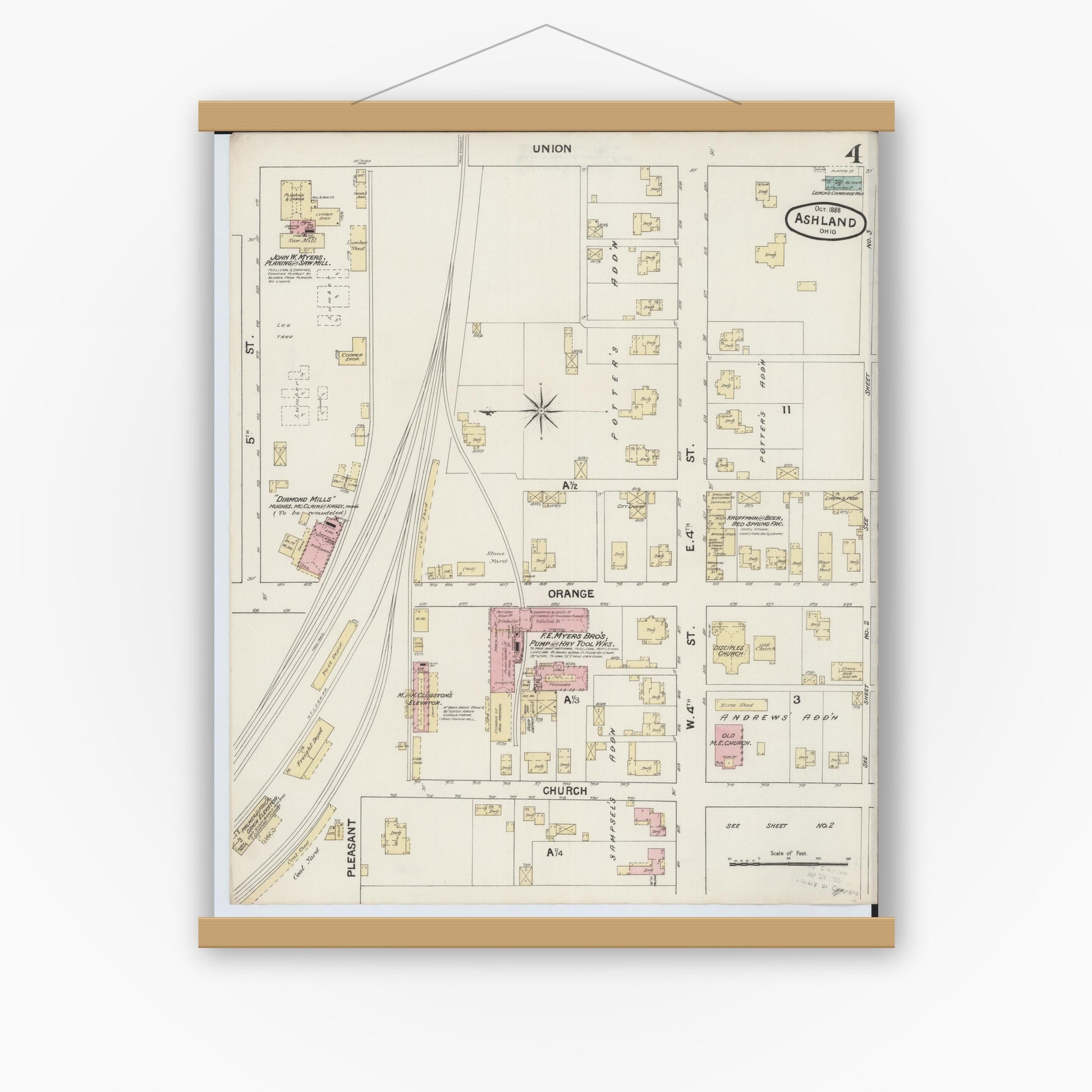 Old map wall art mockup — magnetic wood frame on white wall — Sanborn Fire Insurance Map from Ashland, Ashland County, Ohio (1888), Sheet #0004