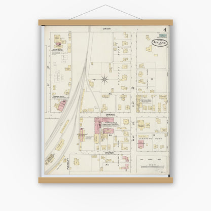 Old map wall art mockup — magnetic wood frame on white wall — Sanborn Fire Insurance Map from Ashland, Ashland County, Ohio (1888), Sheet #0004