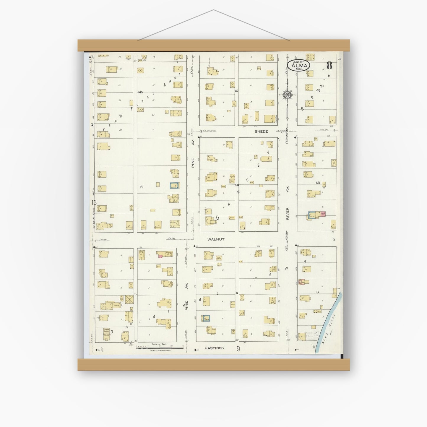 Old map wall art mockup — magnetic wood frame on white wall — Sanborn Fire Insurance Map from Alma, Gratiot County, Michigan (1917), Sheet #0008