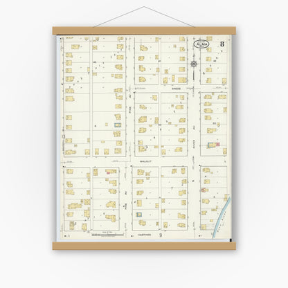 Old map wall art mockup — magnetic wood frame on white wall — Sanborn Fire Insurance Map from Alma, Gratiot County, Michigan (1917), Sheet #0008