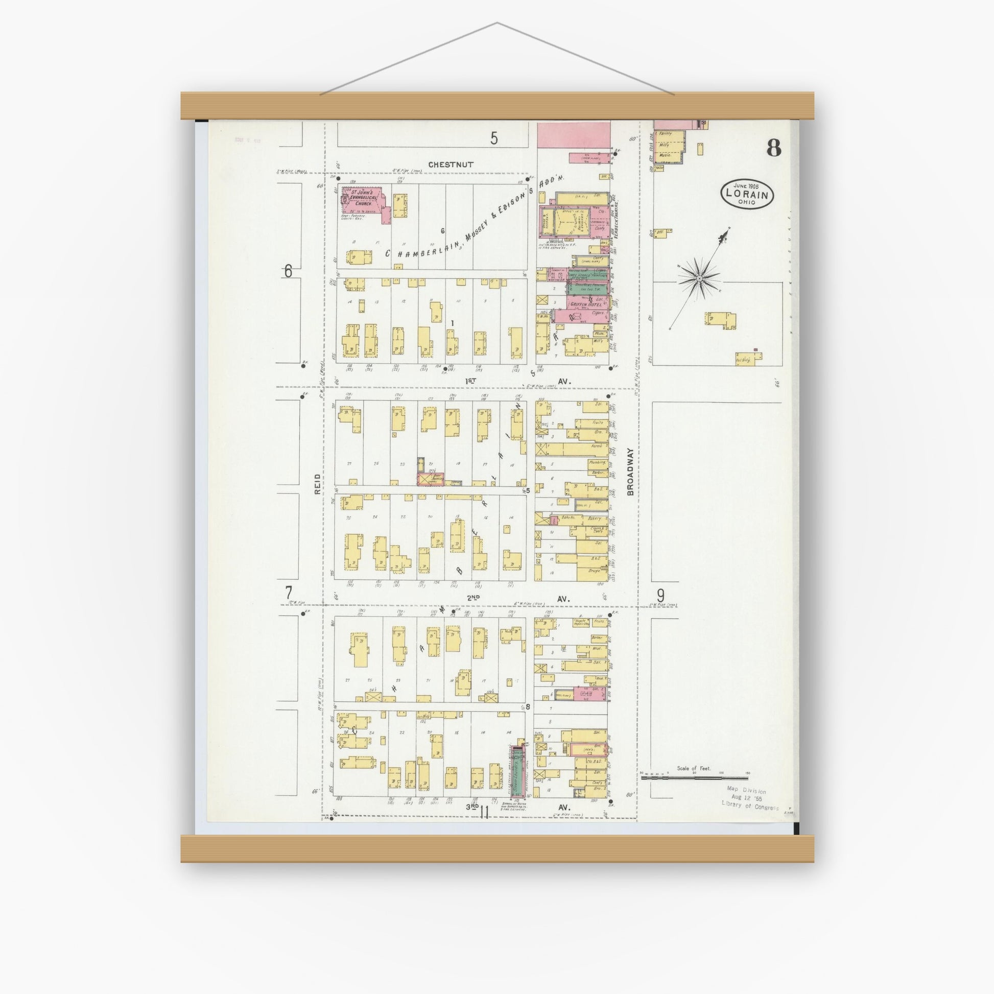 Old map wall art mockup — magnetic wood frame on white wall — Sanborn Fire Insurance Map from Lorain, Lorain County, Ohio (1905), Sheet #0008