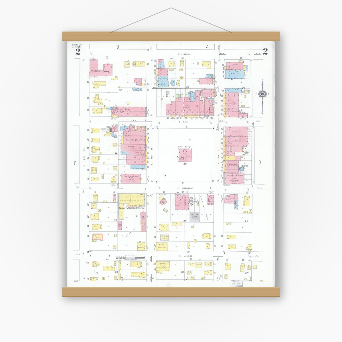 Old map wall art mockup — magnetic wood frame on white wall — Sanborn Fire Insurance Map from Hayti, Pemiscot County, Missouri (1951), Sheet #0002