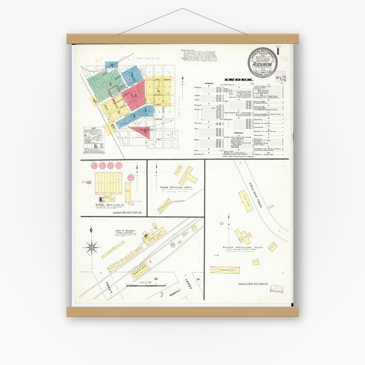 Old map wall art mockup — magnetic wood frame on white wall — Sanborn Fire Insurance Map from Audubon, Audubon County, Iowa (1908), Sheet #0001