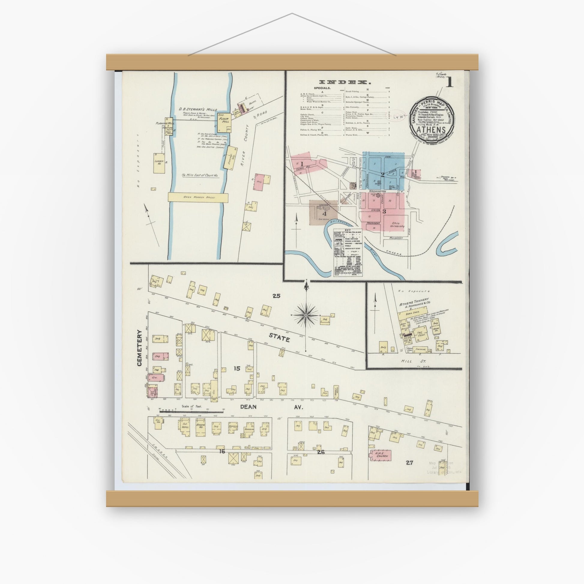 Old map wall art mockup — magnetic wood frame on white wall — Sanborn Fire Insurance Map from Athens, Athens County, Ohio (1890) - Complete Map Set
