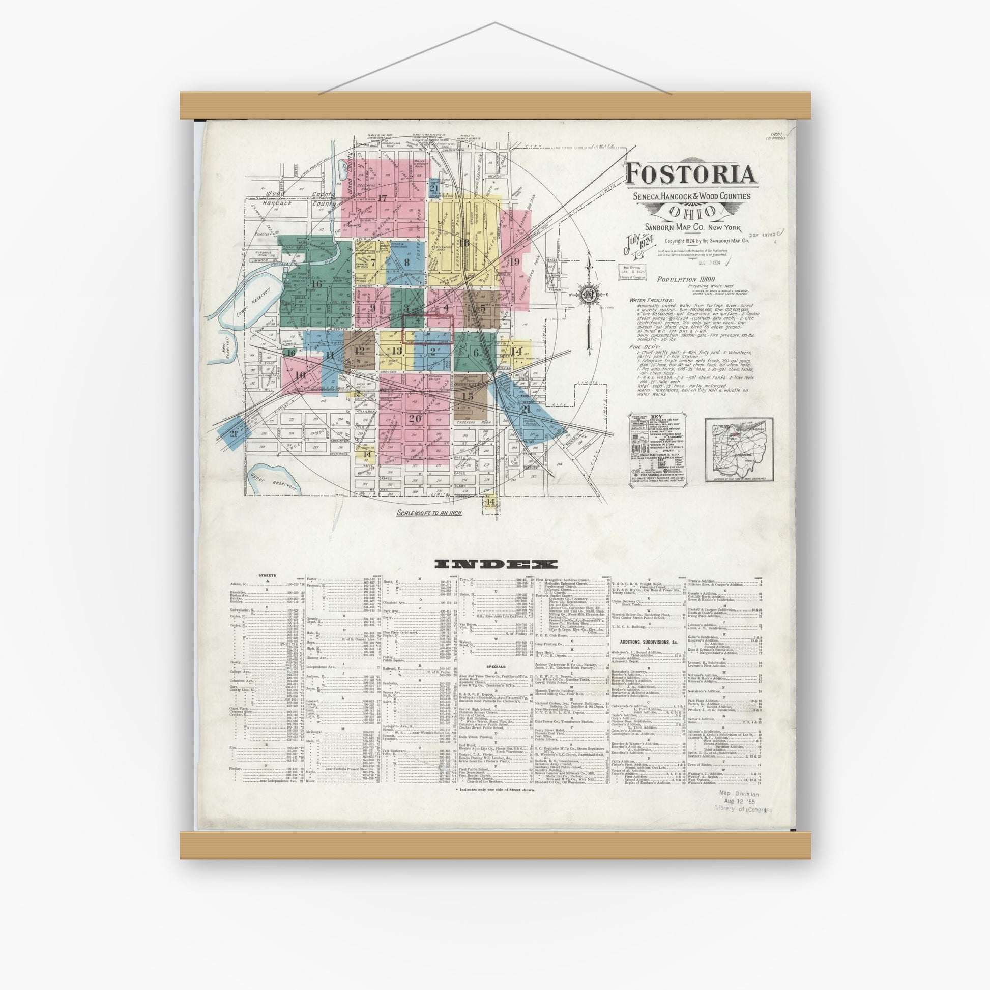 Old map wall art mockup — magnetic wood frame on white wall — Sanborn Fire Insurance Map from Fostoria, Seneca, Hancock, And Wood Counties, Ohio (1924), Sheet #0001