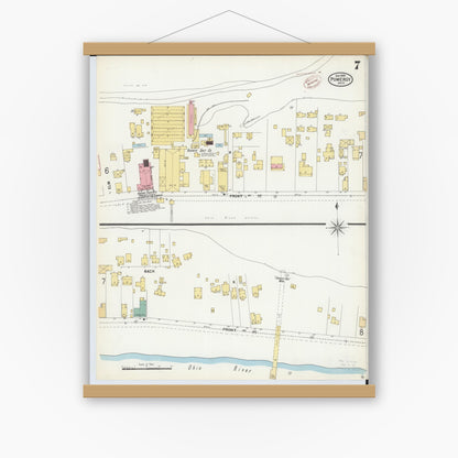 Old map wall art mockup — magnetic wood frame on white wall — Sanborn Fire Insurance Map from Pomeroy, Meigs County, Ohio (1899), Sheet #0007