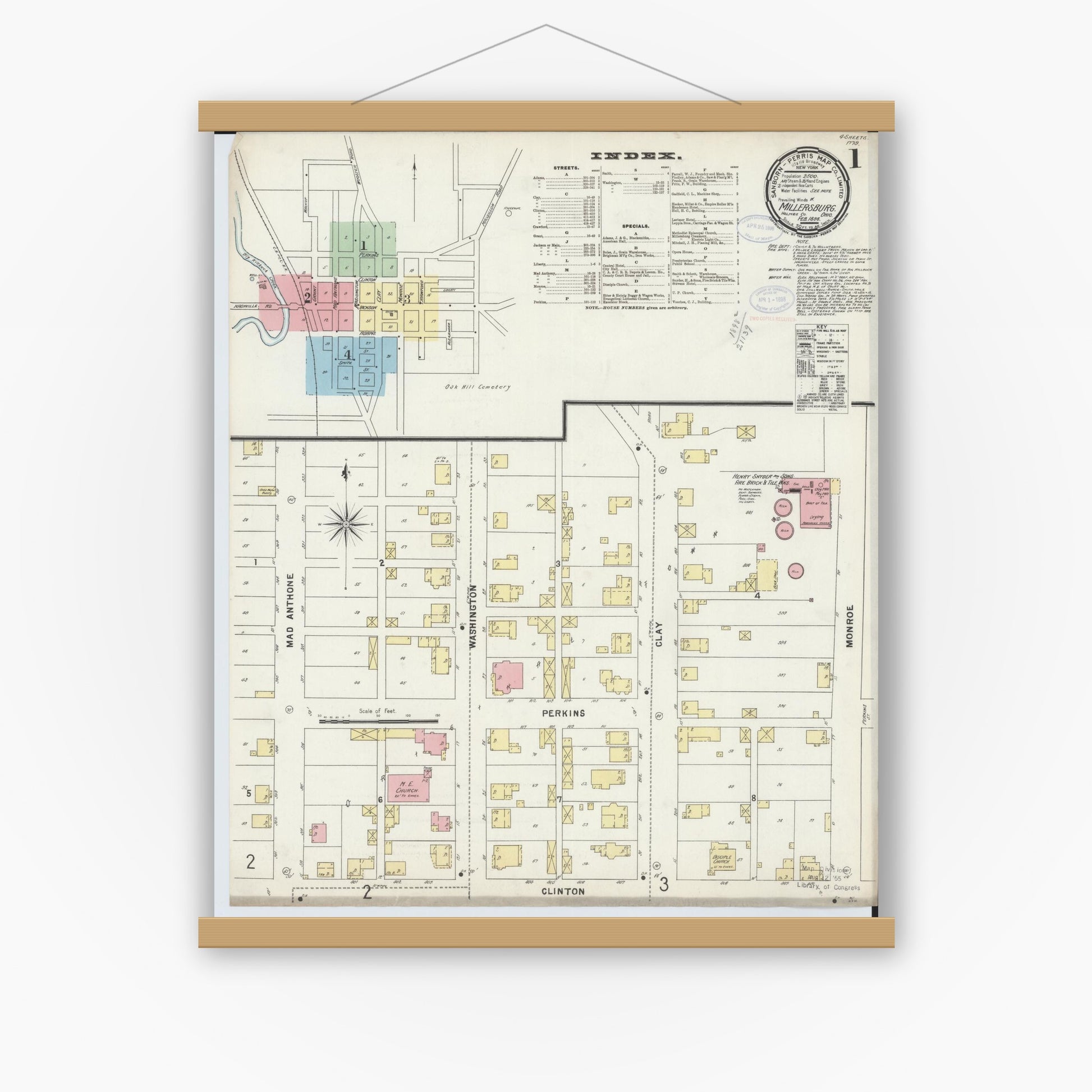Old map wall art mockup — magnetic wood frame on white wall — Sanborn Fire Insurance Map from Millersburg, Holmes County, Ohio (1898) - Complete Map Set