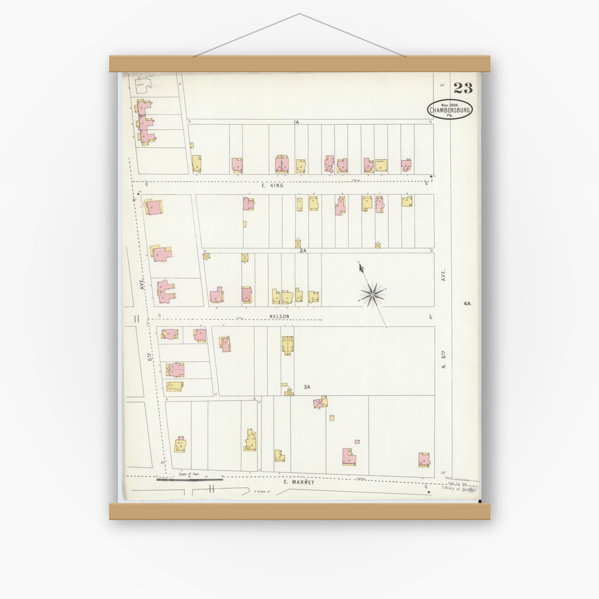 Old map wall art mockup — magnetic wood frame on white wall — Sanborn Fire Insurance Map from Chambersburg, Franklin County, Pennsylvania (1904), Sheet #0023