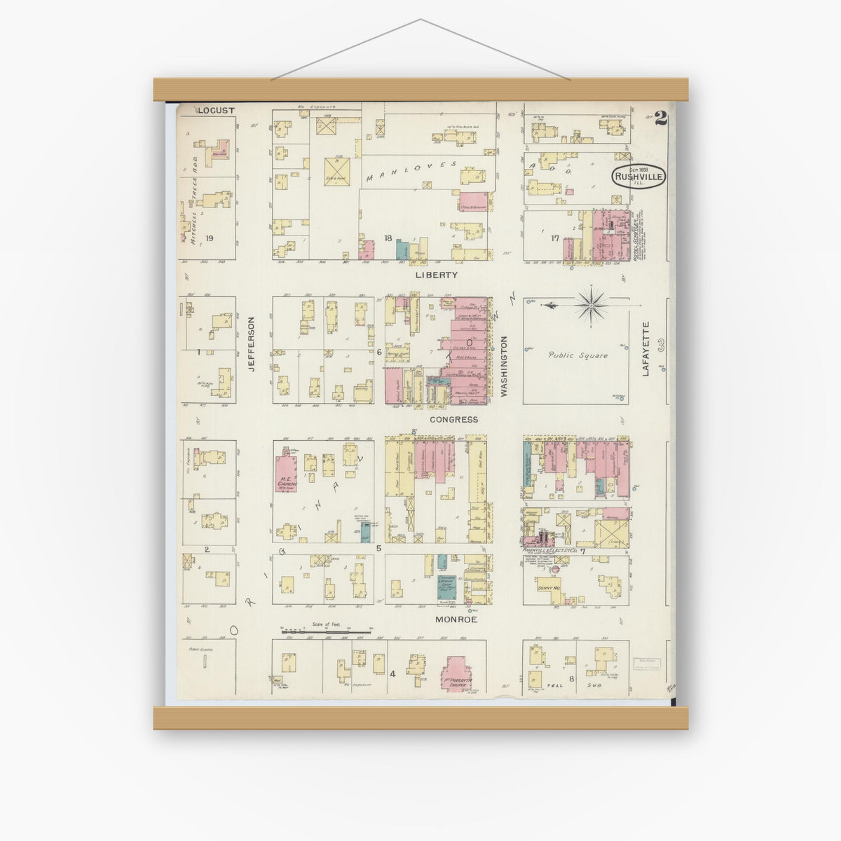 Old map wall art mockup — magnetic wood frame on white wall — Sanborn Fire Insurance Map from Rushville, Schuyler County, Illinois (1893), Sheet #0002