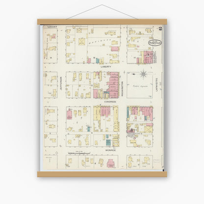Old map wall art mockup — magnetic wood frame on white wall — Sanborn Fire Insurance Map from Rushville, Schuyler County, Illinois (1893), Sheet #0002