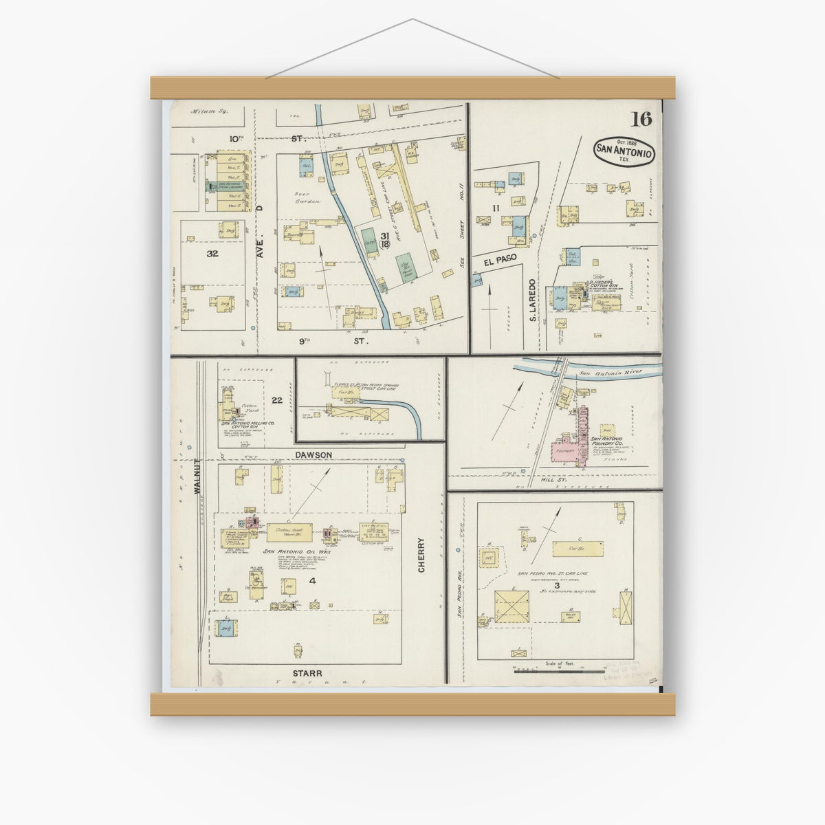 Old map wall art mockup — magnetic wood frame on white wall — Sanborn Fire Insurance Map from San Antonio, Bexar County, Texas (1888), Sheet #0016