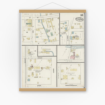 Old map wall art mockup — magnetic wood frame on white wall — Sanborn Fire Insurance Map from San Antonio, Bexar County, Texas (1888), Sheet #0016