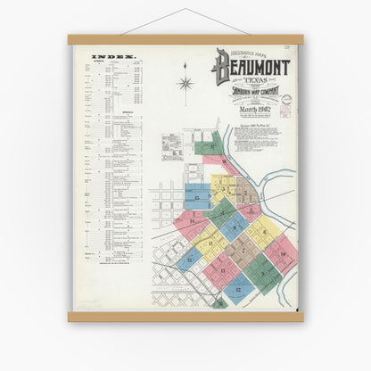 Old map wall art mockup — magnetic wood frame on white wall — Sanborn Fire Insurance Map from Beaumont, Jefferson County, Texas (1902) - Complete Map Set