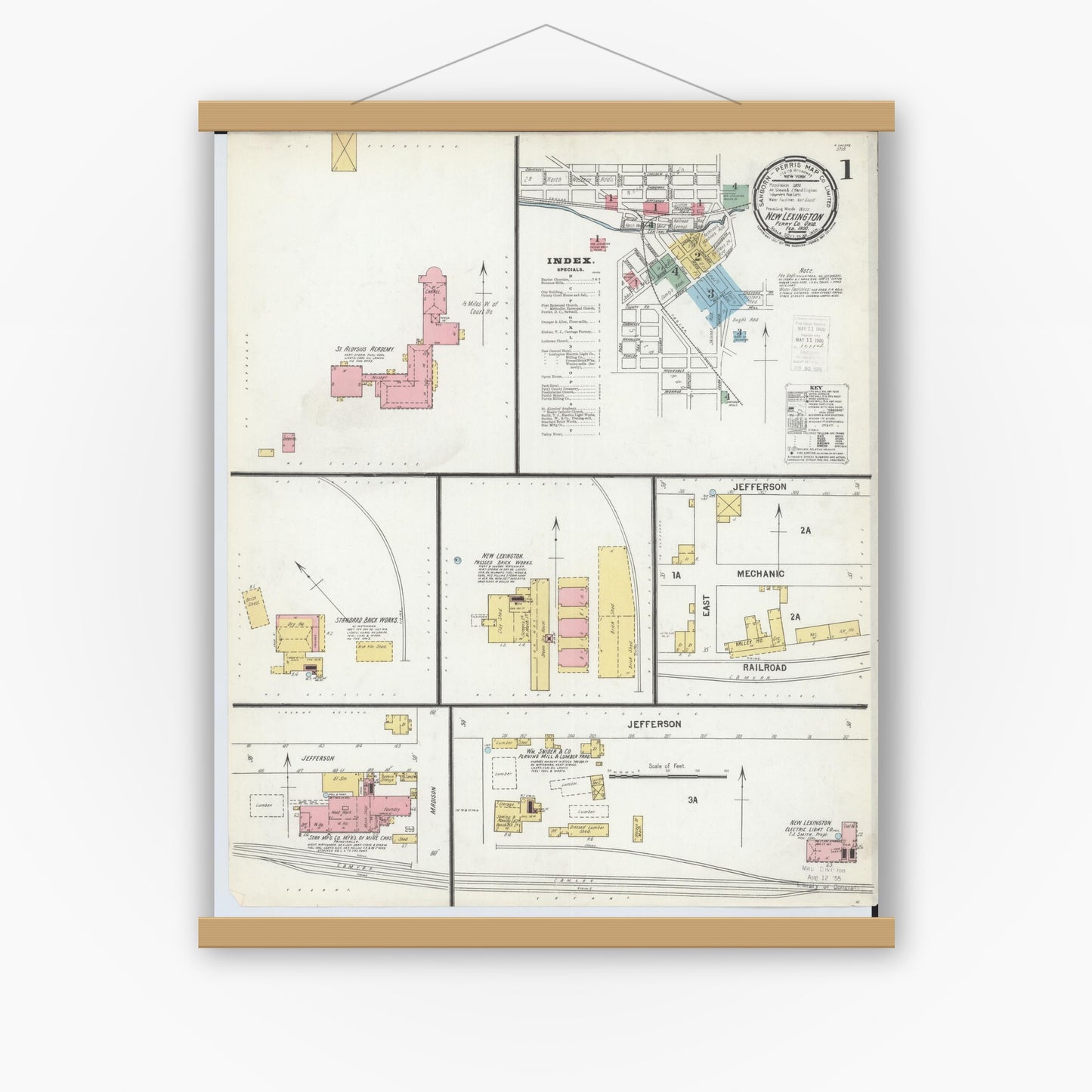 Old map wall art mockup — magnetic wood frame on white wall — Sanborn Fire Insurance Map from New Lexington, Perry County, Ohio (1900) - Complete Map Set
