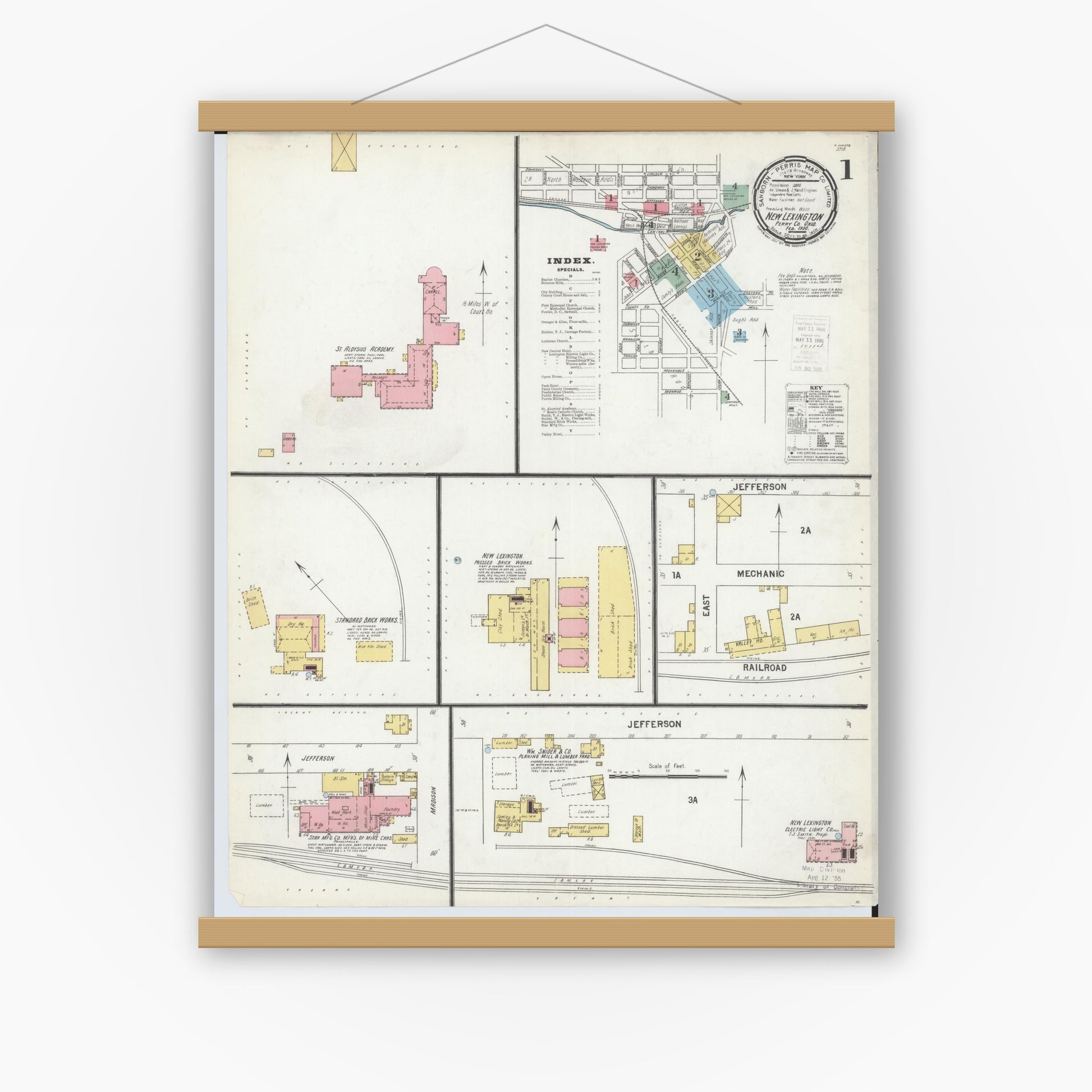 Old map wall art mockup — magnetic wood frame on white wall — Sanborn Fire Insurance Map from New Lexington, Perry County, Ohio (1900) - Complete Map Set