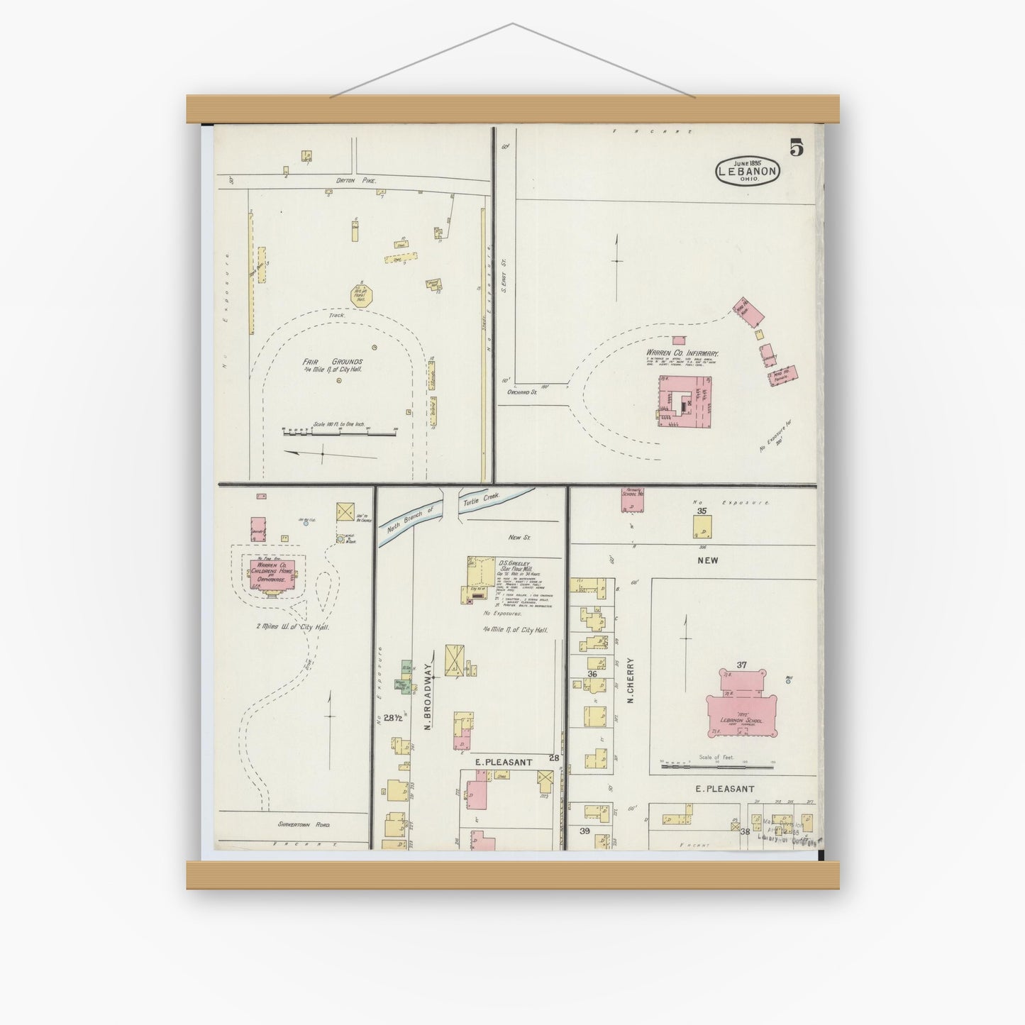 Old map wall art mockup — magnetic wood frame on white wall — Sanborn Fire Insurance Map from Lebanon, Warren County, Ohio (1895), Sheet #0005