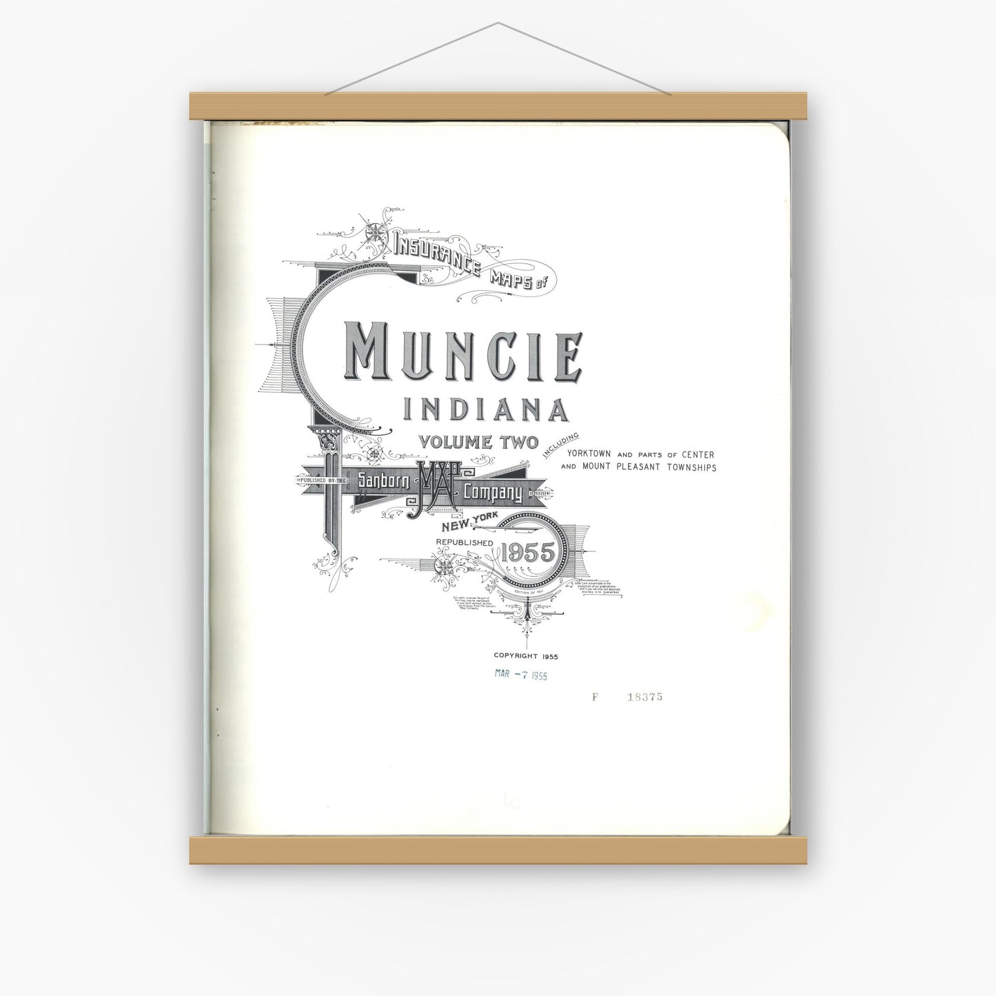 Old map wall art mockup — magnetic wood frame on white wall — Sanborn Fire Insurance Map from Muncie, Delaware County, Indiana (1955), Sheet #0001