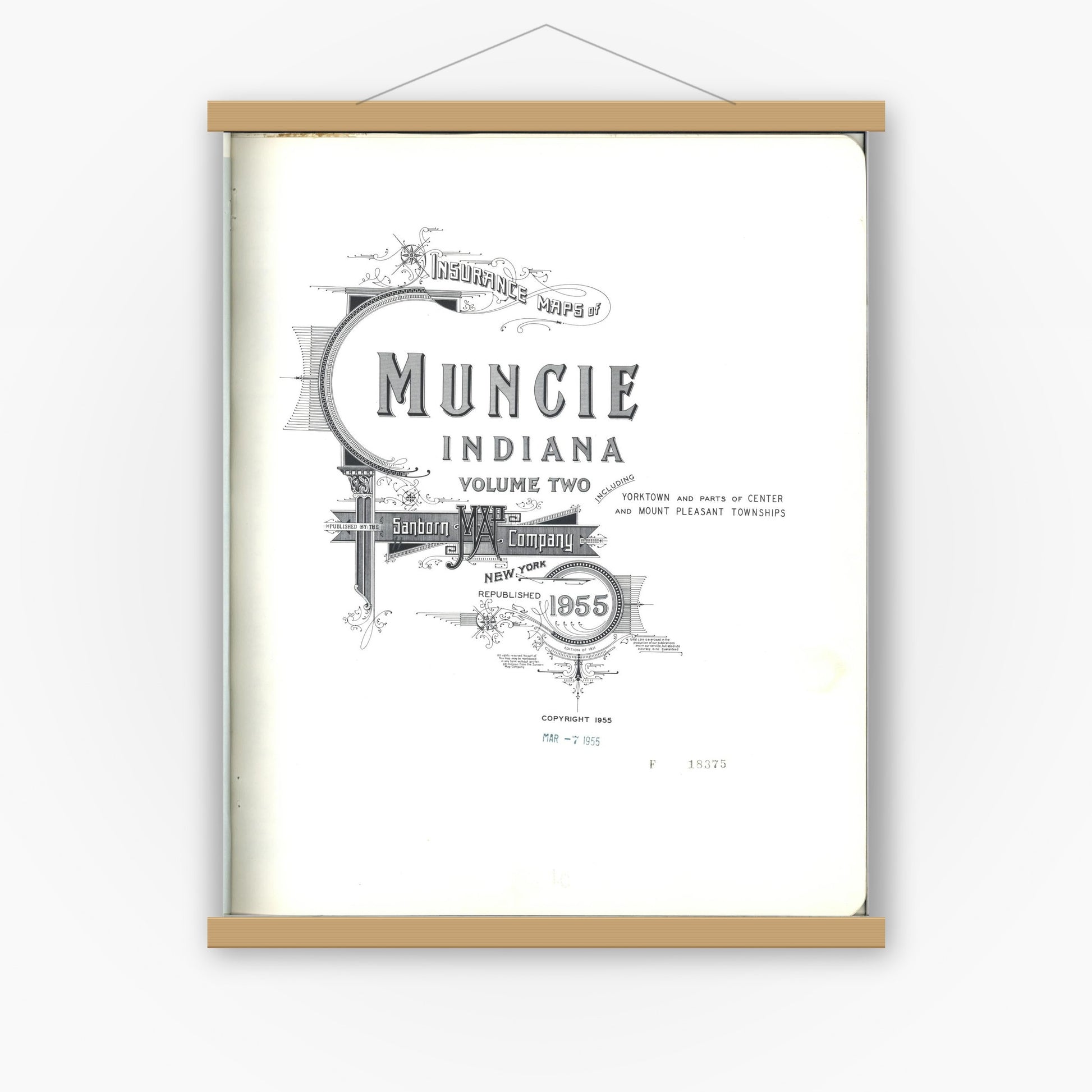 Old map wall art mockup — magnetic wood frame on white wall — Sanborn Fire Insurance Map from Muncie, Delaware County, Indiana (1955), Sheet #0001