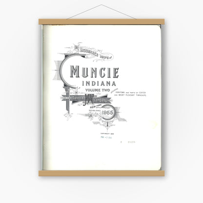 Old map wall art mockup — magnetic wood frame on white wall — Sanborn Fire Insurance Map from Muncie, Delaware County, Indiana (1955), Sheet #0001