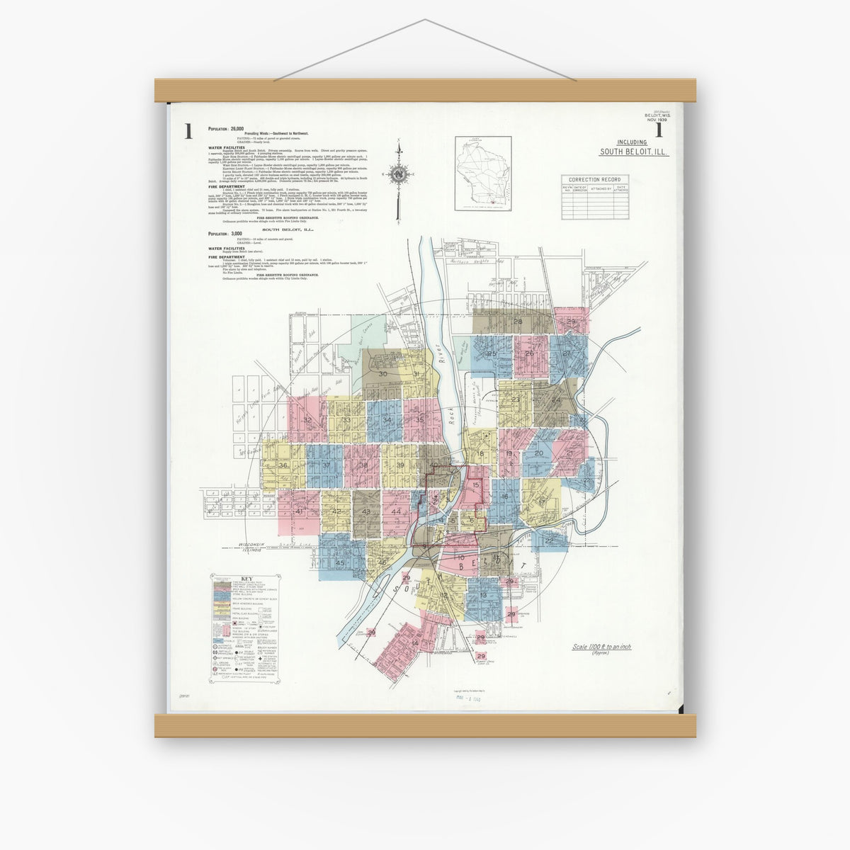 Old map wall art mockup — magnetic wood frame on white wall — Sanborn Fire Insurance Map from Beloit, Rock County, Wisconsin (1939), Sheet #0001