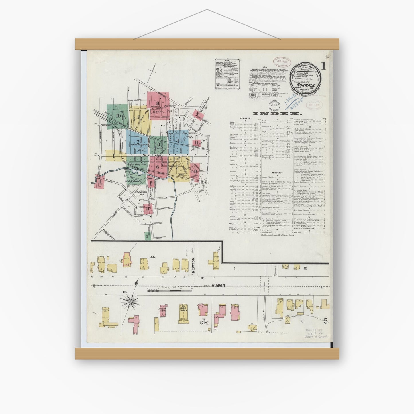 Old map wall art mockup — magnetic wood frame on white wall — Sanborn Fire Insurance Map from Norwalk, Huron County, Ohio (1899) - Complete Map Set