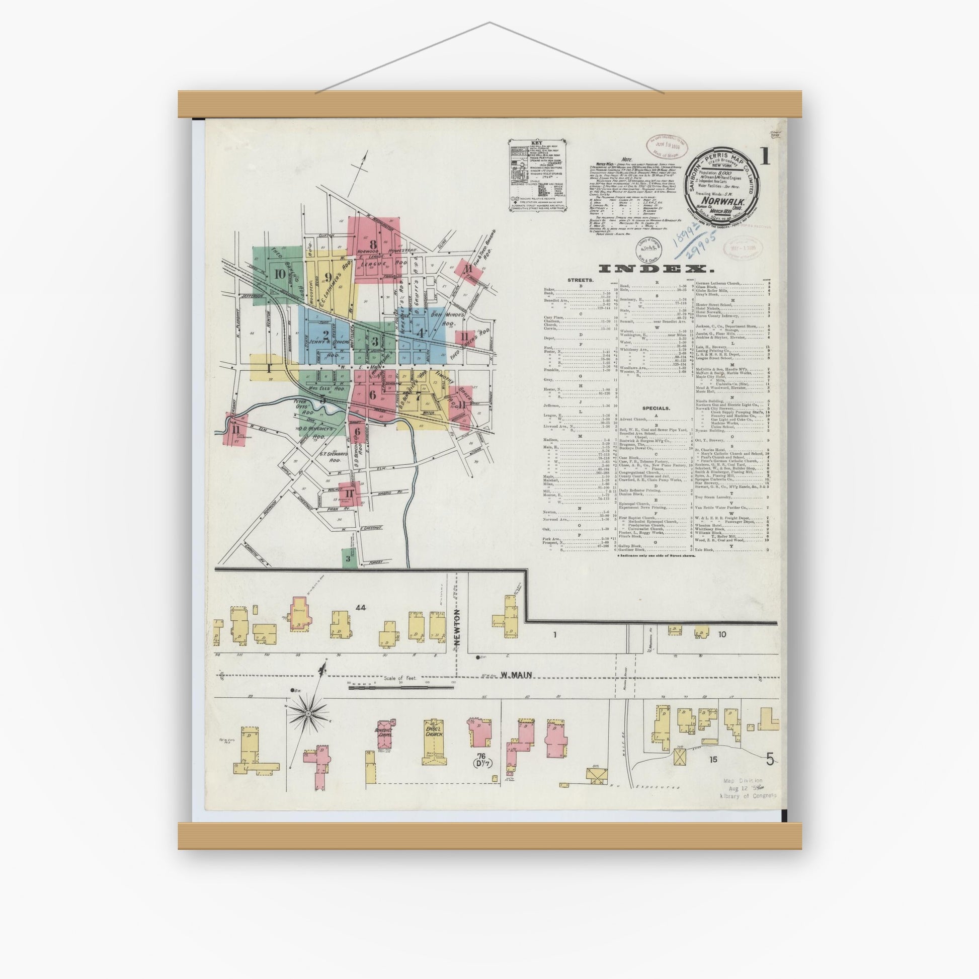 Old map wall art mockup — magnetic wood frame on white wall — Sanborn Fire Insurance Map from Norwalk, Huron County, Ohio (1899) - Complete Map Set