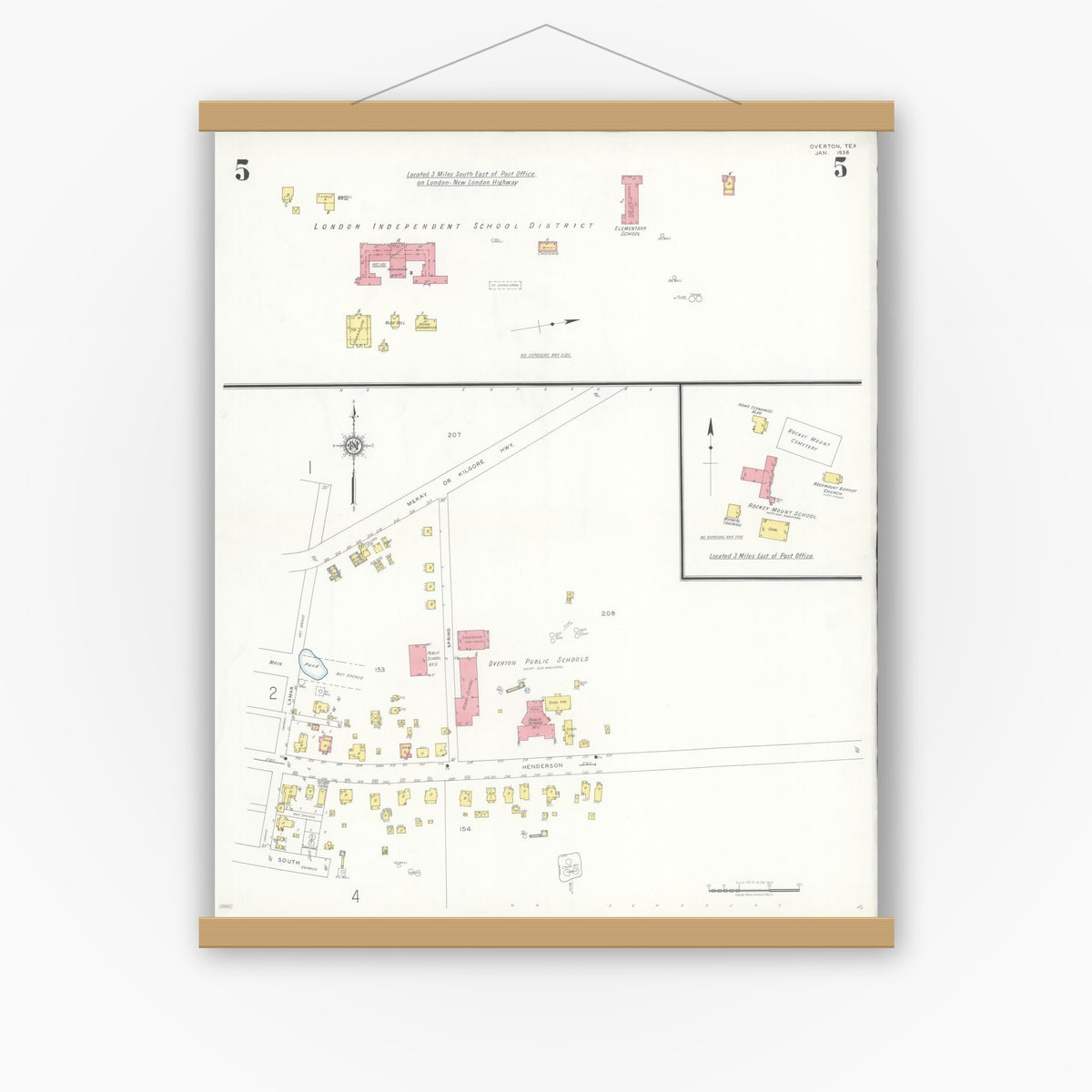 Old map wall art mockup — magnetic wood frame on white wall — Sanborn Fire Insurance Map from Overton, Rusk County, Texas (1936), Sheet #0005