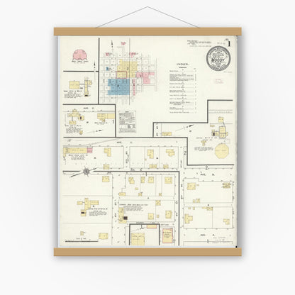 Old map wall art mockup — magnetic wood frame on white wall — Sanborn Fire Insurance Map from Moody, McLennan County, Texas (1912) - Complete Map Set