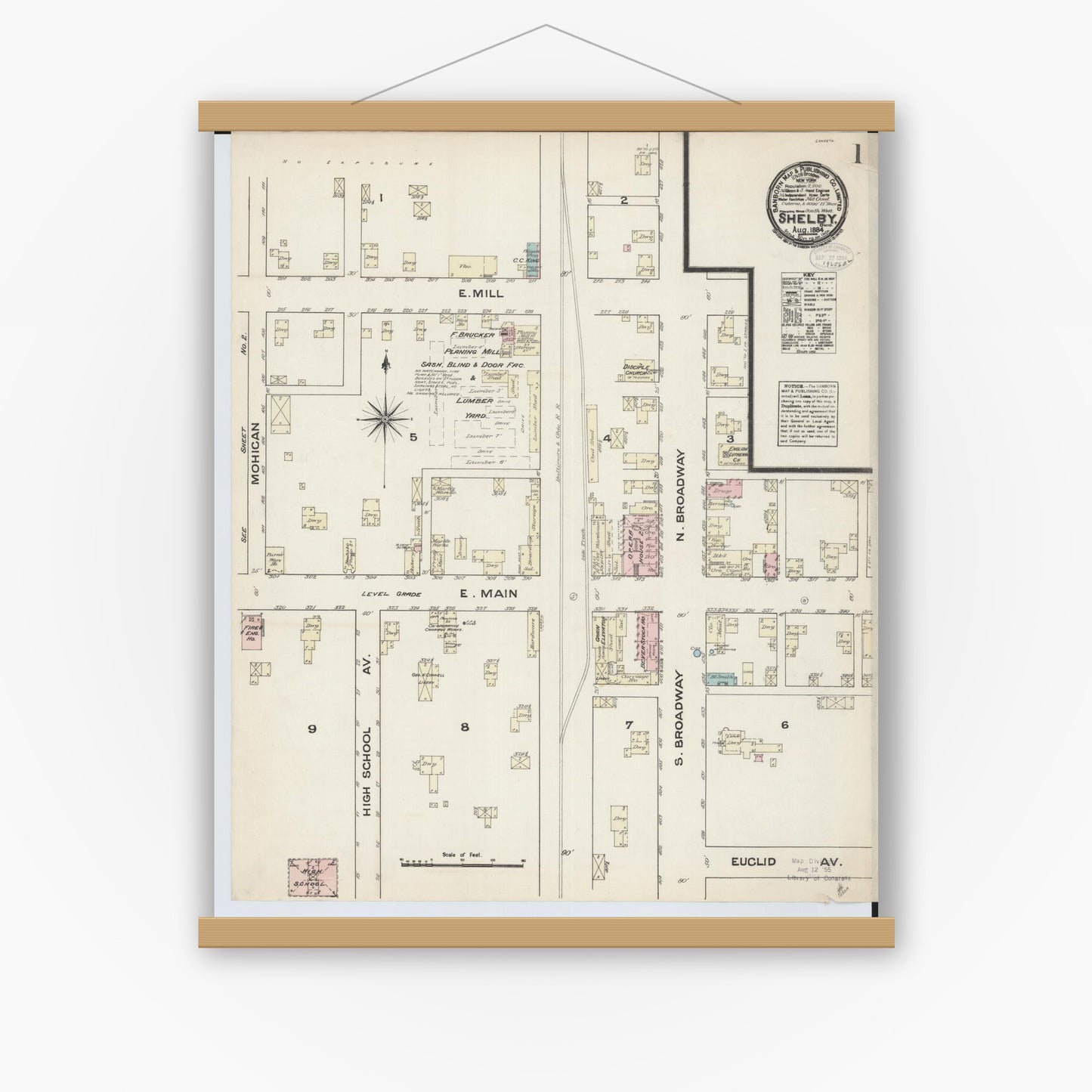 Old map wall art mockup — magnetic wood frame on white wall — Sanborn Fire Insurance Map from Shelby, Ricland County, Ohio (1884) - Complete Map Set