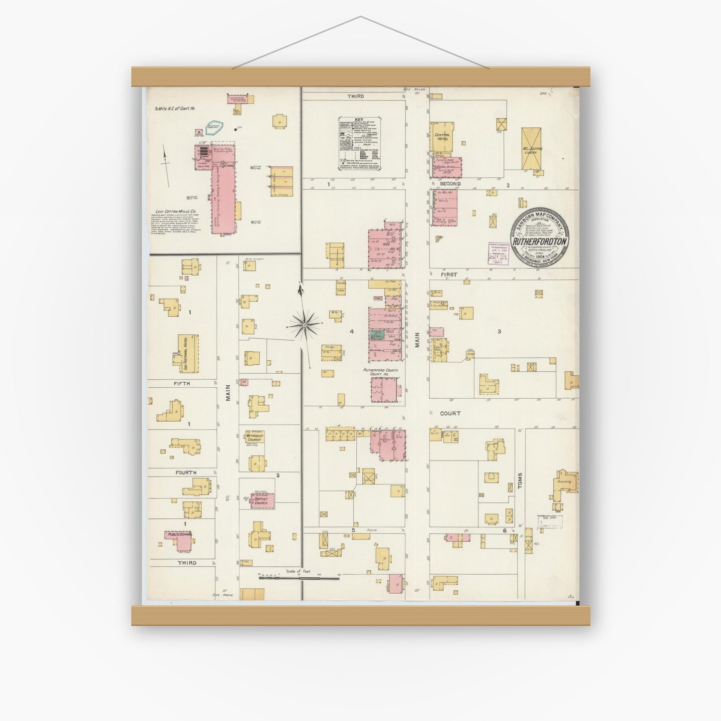Old map wall art mockup — magnetic wood frame on white wall — Sanborn Fire Insurance Map from Rutherfordton, Rutherford County, North Carolina (1904), Sheet #0001