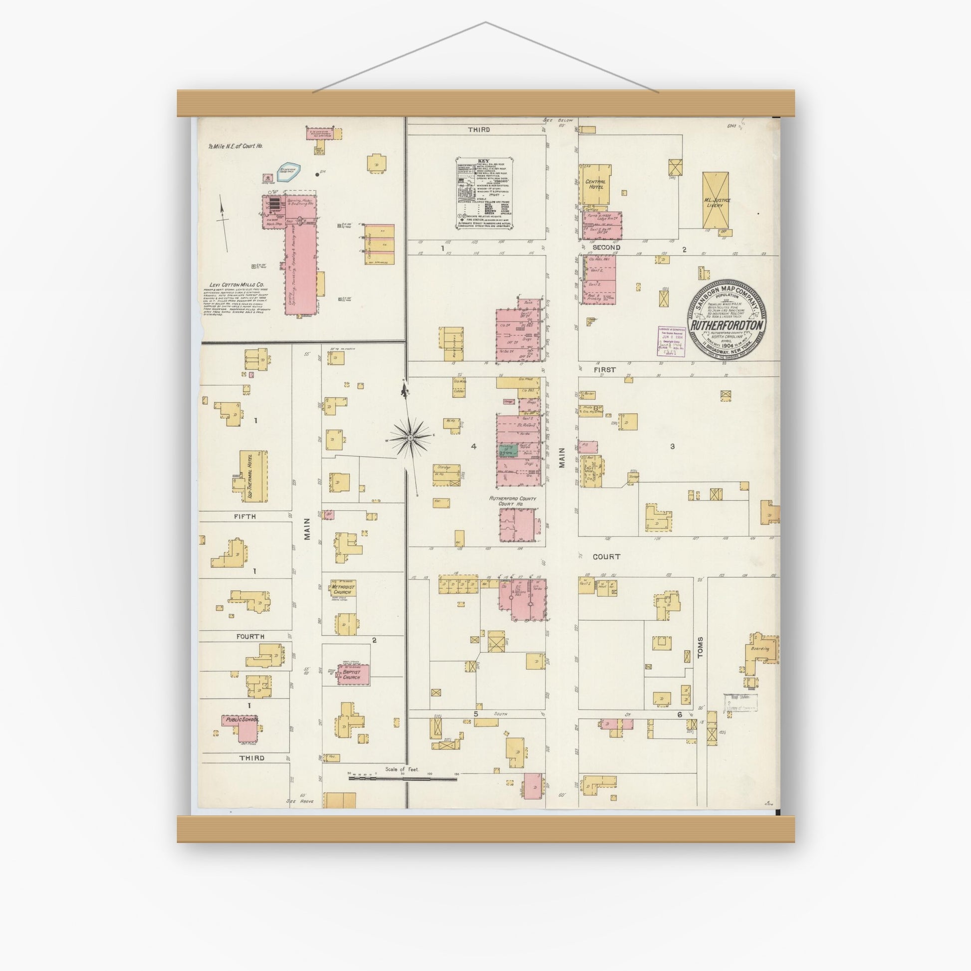 Old map wall art mockup — magnetic wood frame on white wall — Sanborn Fire Insurance Map from Rutherfordton, Rutherford County, North Carolina (1904), Sheet #0001