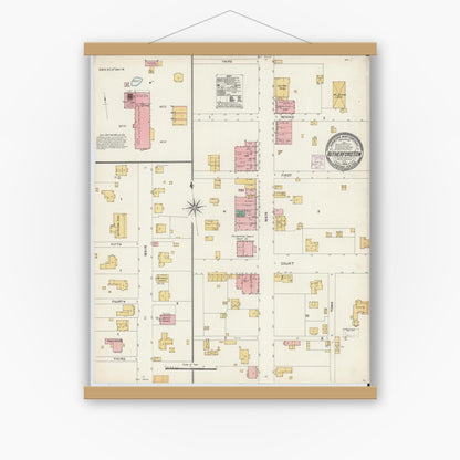Old map wall art mockup — magnetic wood frame on white wall — Sanborn Fire Insurance Map from Rutherfordton, Rutherford County, North Carolina (1904), Sheet #0001