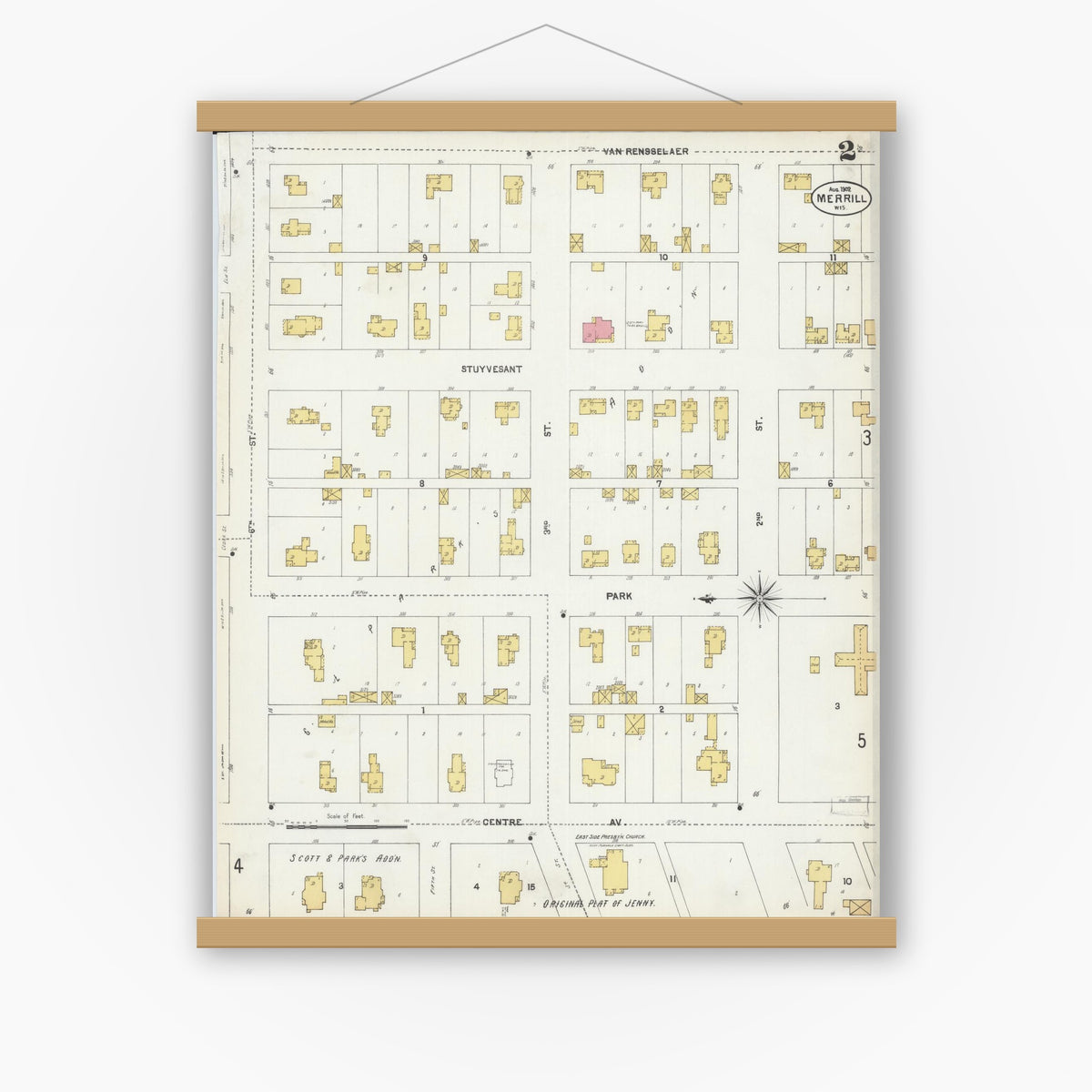 Old map wall art mockup — magnetic wood frame on white wall — Sanborn Fire Insurance Map from Merrill, Lincoln County, Wisconsin (1902), Sheet #0002