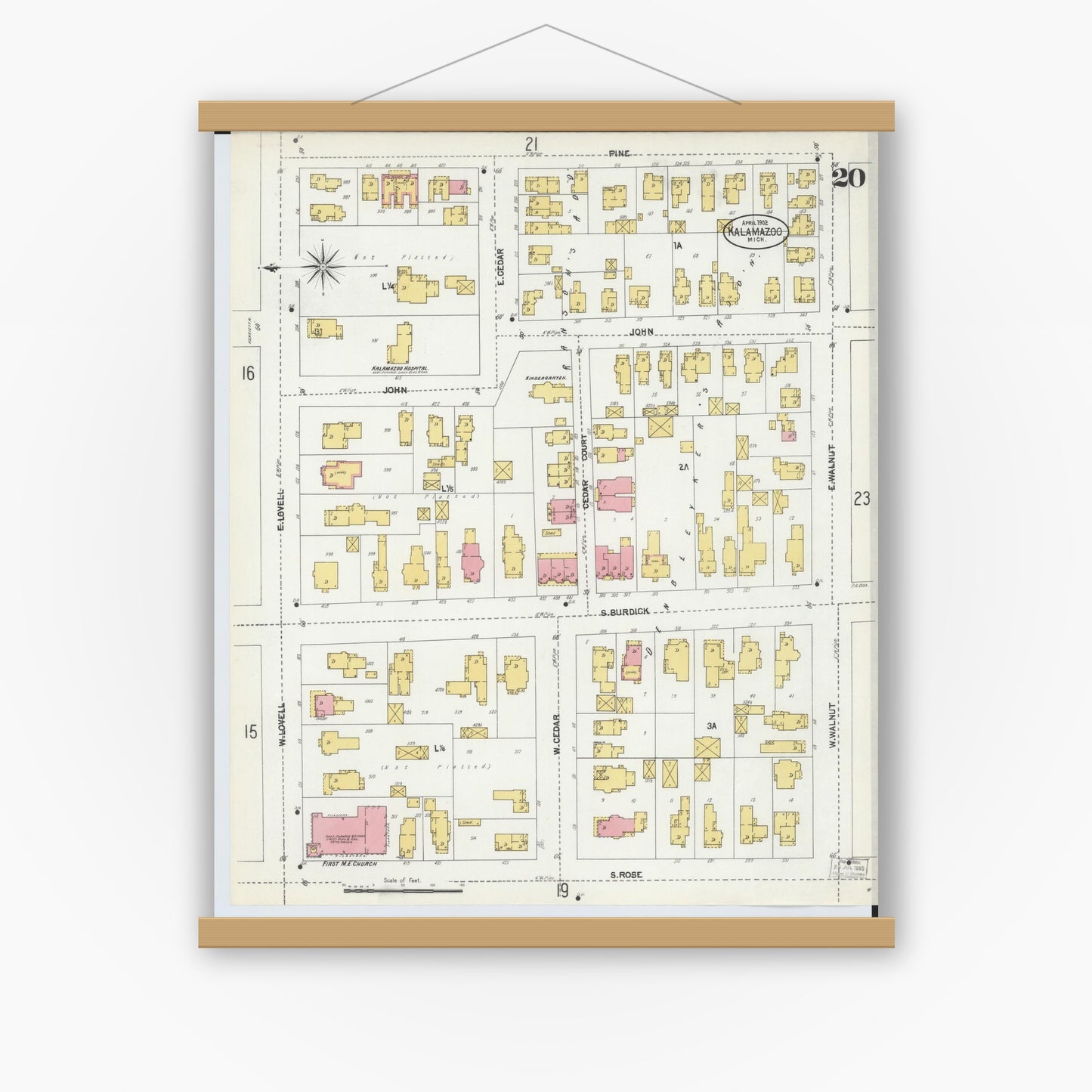Old map wall art mockup — magnetic wood frame on white wall — Sanborn Fire Insurance Map from Kalamazoo, Kalamazoo County, Michigan (1902), Sheet #0020