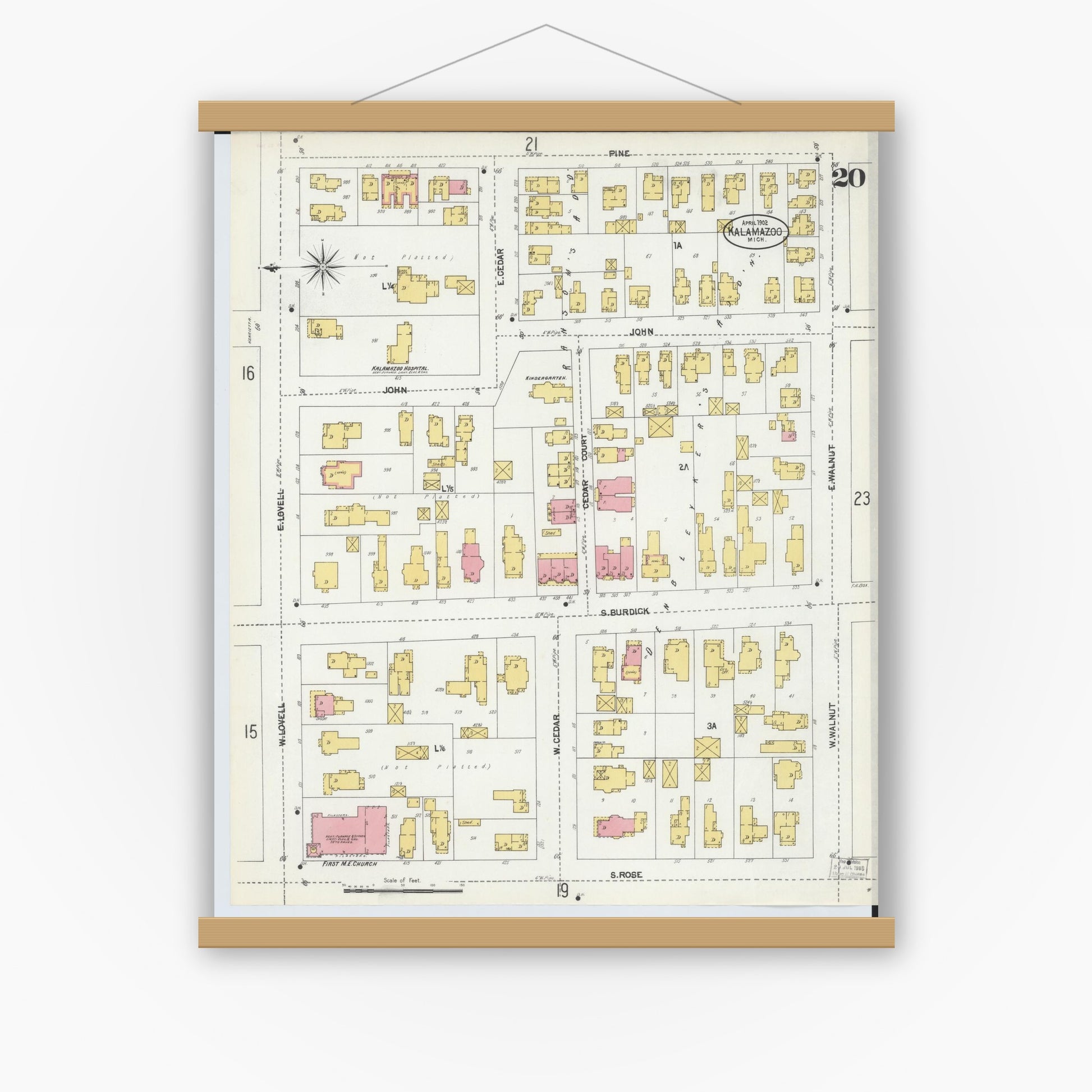 Old map wall art mockup — magnetic wood frame on white wall — Sanborn Fire Insurance Map from Kalamazoo, Kalamazoo County, Michigan (1902), Sheet #0020