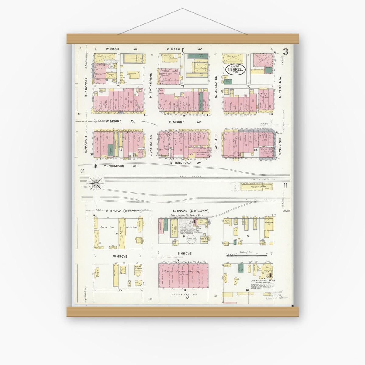 Old map wall art mockup — magnetic wood frame on white wall — Sanborn Fire Insurance Map from Terrell, Kaufman County, Texas (1909), Sheet #0003