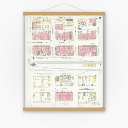 Old map wall art mockup — magnetic wood frame on white wall — Sanborn Fire Insurance Map from Terrell, Kaufman County, Texas (1909), Sheet #0003