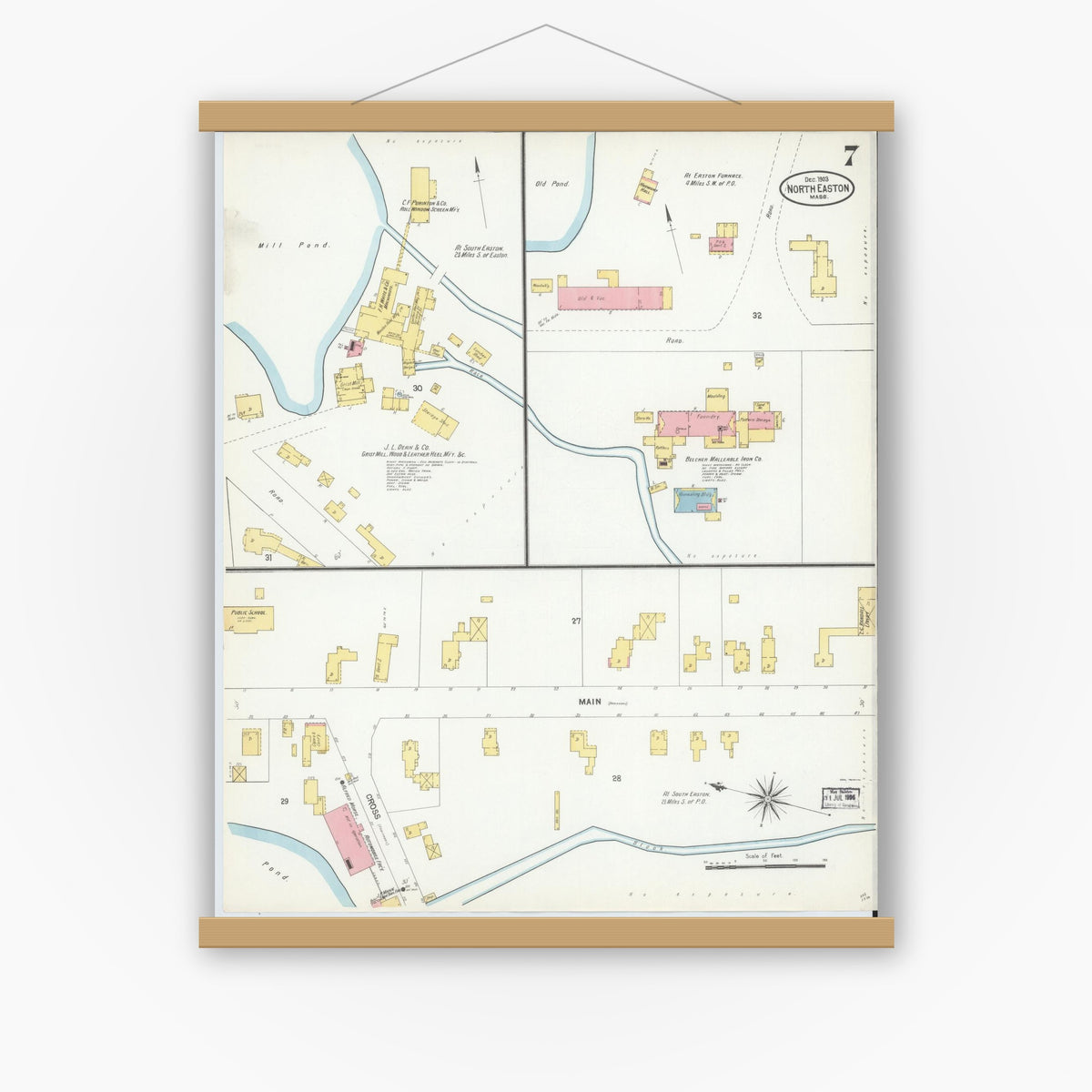 Old map wall art mockup — magnetic wood frame on white wall — Sanborn Fire Insurance Map from North Easton, Bristol County, Massachusetts (1903), Sheet #0007