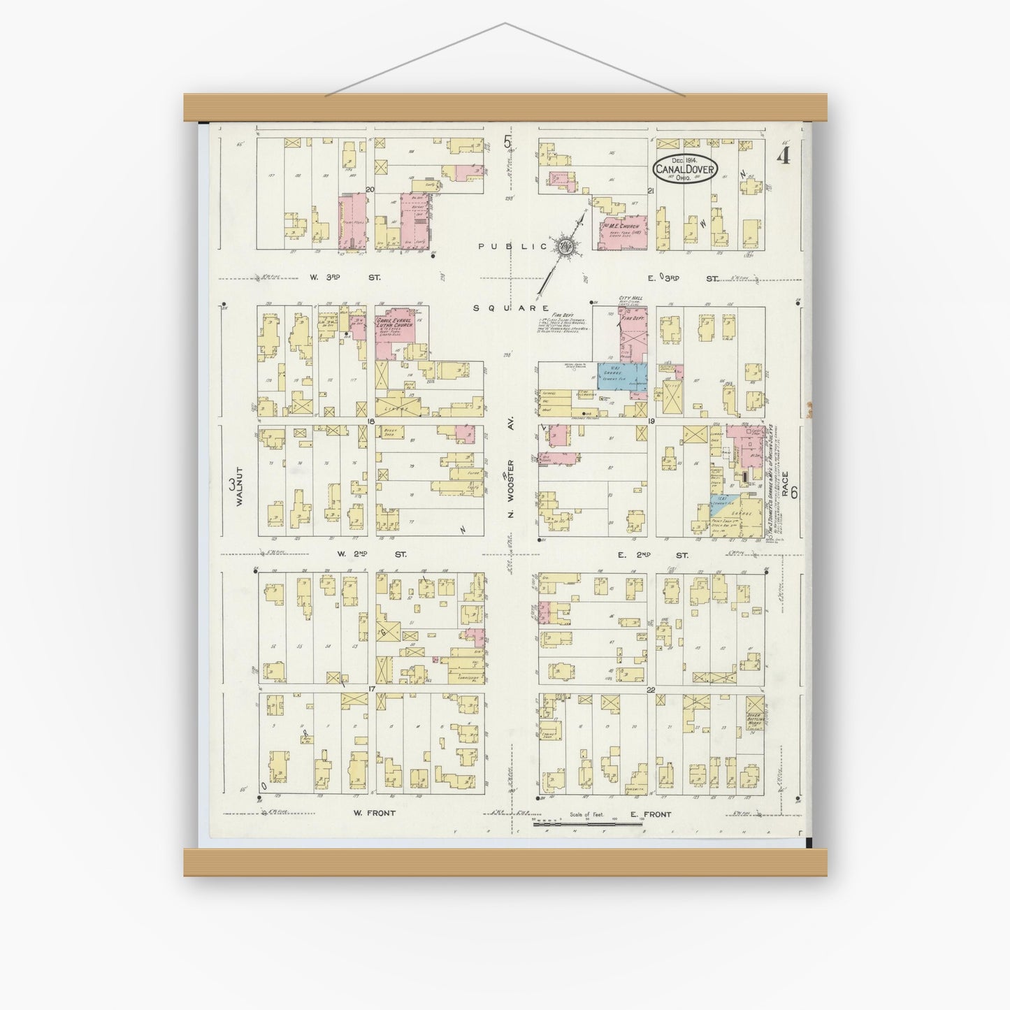 Old map wall art mockup — magnetic wood frame on white wall — Sanborn Fire Insurance Map from Canal Dover, Tuscarawas County, Ohio (1914), Sheet #0004