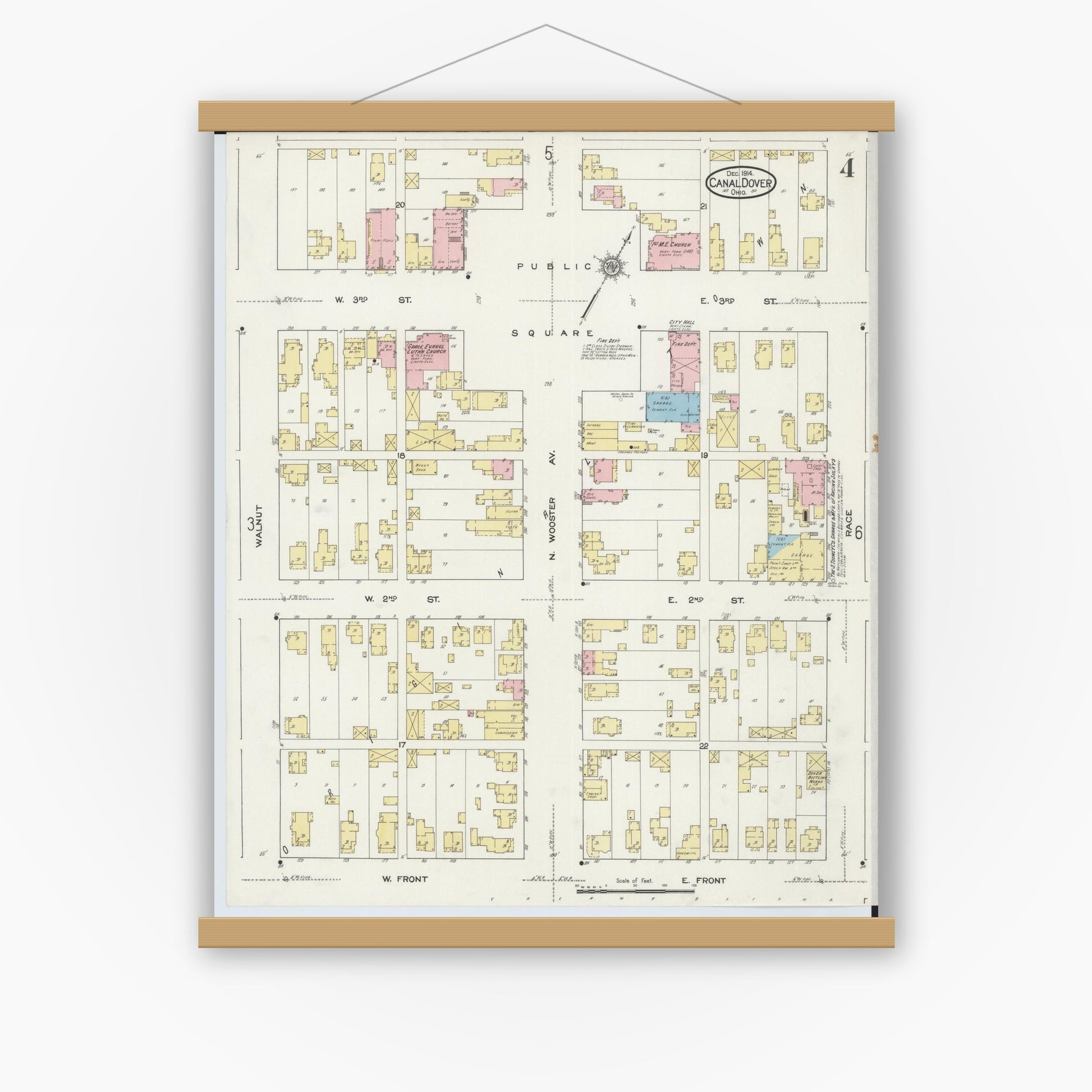 Old map wall art mockup — magnetic wood frame on white wall — Sanborn Fire Insurance Map from Canal Dover, Tuscarawas County, Ohio (1914), Sheet #0004