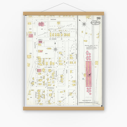 Old map wall art mockup — magnetic wood frame on white wall — Sanborn Fire Insurance Map from East Liverpool, Columbiana County, Ohio (1908), Sheet #0020