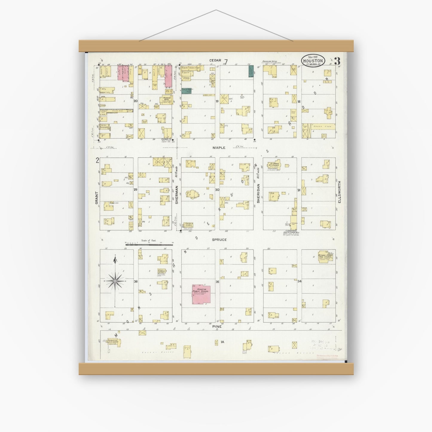 Old map wall art mockup — magnetic wood frame on white wall — Sanborn Fire Insurance Map from Houston, Houston County, Minnesota (1909), Sheet #0003