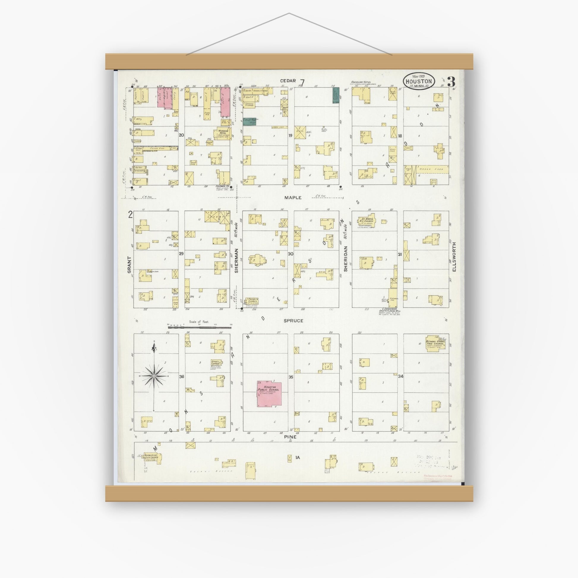 Old map wall art mockup — magnetic wood frame on white wall — Sanborn Fire Insurance Map from Houston, Houston County, Minnesota (1909), Sheet #0003