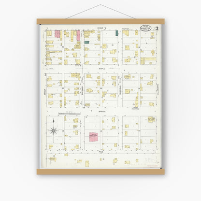 Old map wall art mockup — magnetic wood frame on white wall — Sanborn Fire Insurance Map from Houston, Houston County, Minnesota (1909), Sheet #0003