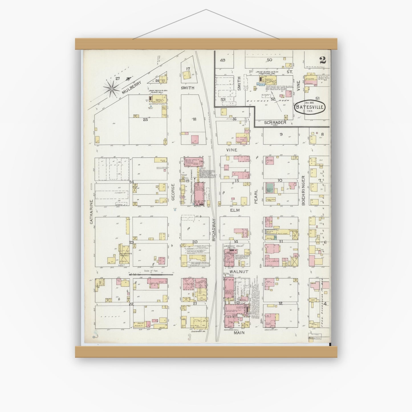 Old map wall art mockup — magnetic wood frame on white wall — Sanborn Fire Insurance Map from Batesville, Ripley County, Indiana (1892), Sheet #0002